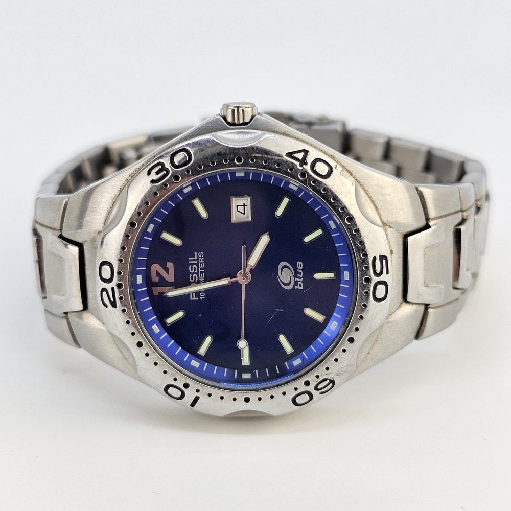 Fossil Men Watch 40MM Blue Dial Gray Band 7.5" FOR PARTS ONLY TESTED NOT WORKING